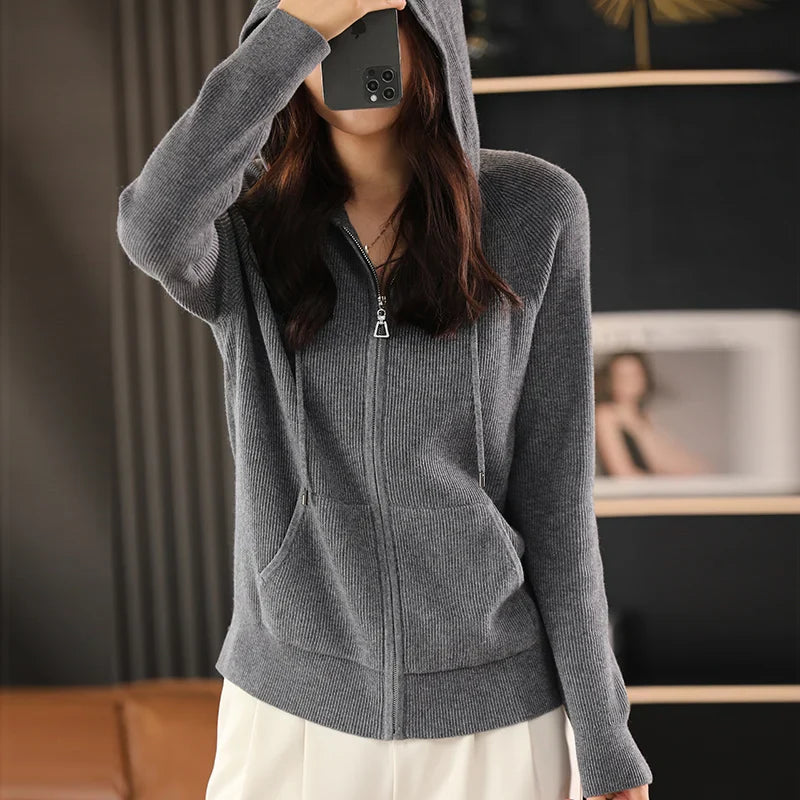 Lana Wool-Blend Hooded Zipper Cardigan/Sweater– Thick Knitted Coat for Autumn & Winter