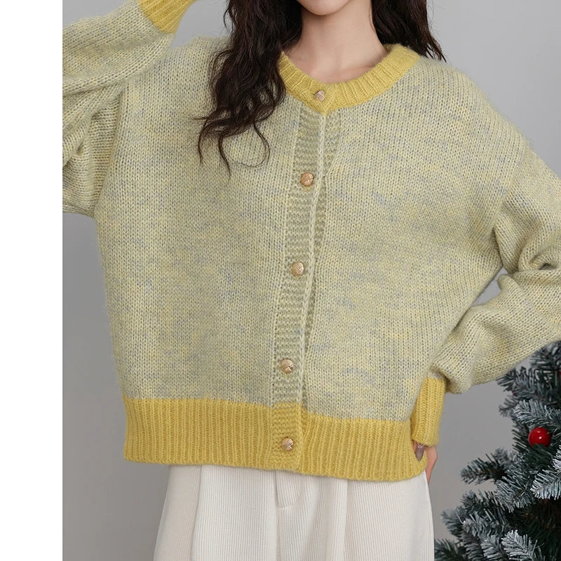 Elegant Single-Breasted Patchwork Knitted Cardigan - Women's Long Sleeve Casual Sweater for Autumn/Winter