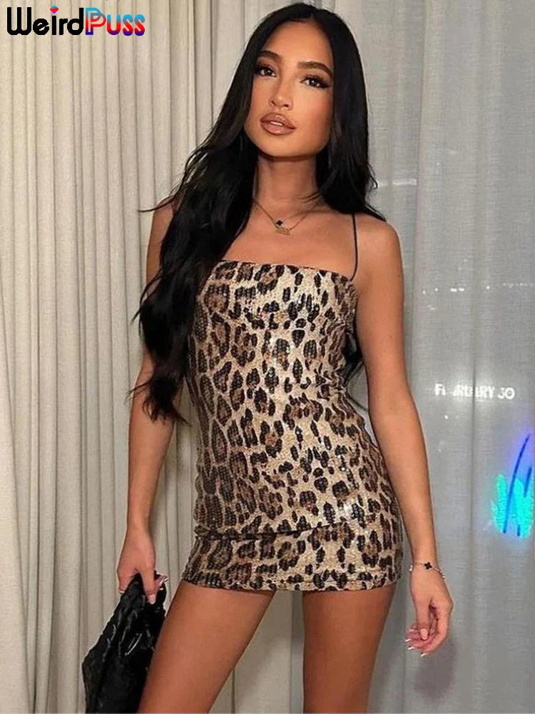 Sara leopardí potisk flitrové bodycon šaty – sexy letní párty klubové oblečení