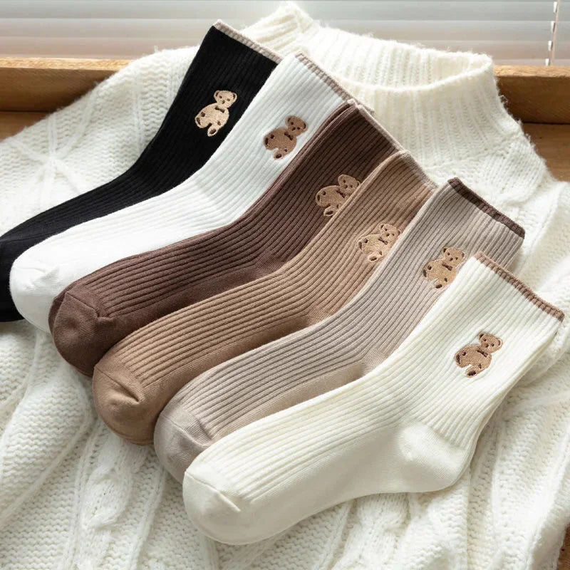 Kawaii Bear Socks 5-Pack - Soft Cotton Autumn Footwear for Women