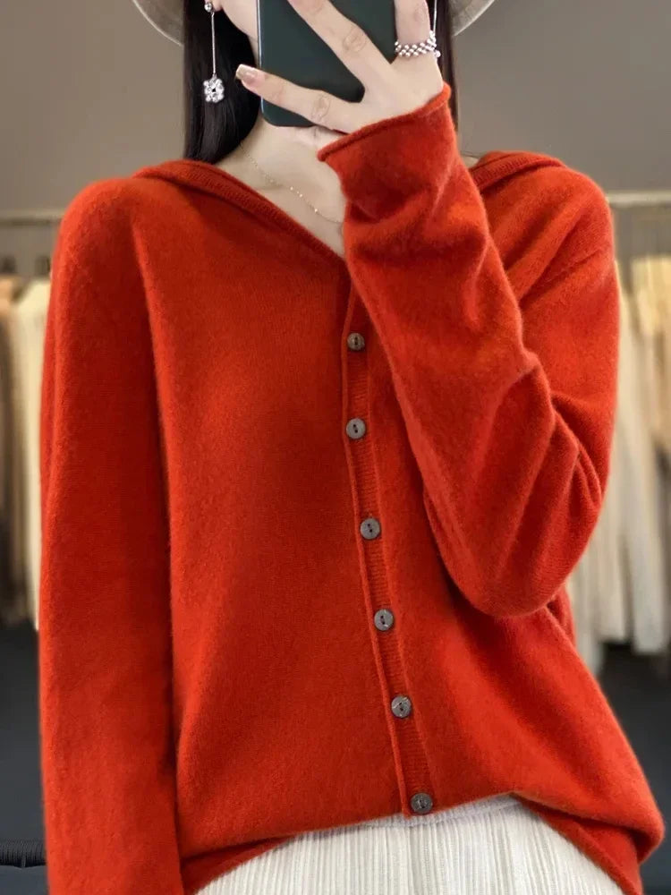 Cardigan de Lã Merino para Mulheres – Manga Longa, Malha de Caxemira, Sweater Casual de Outono Inverno