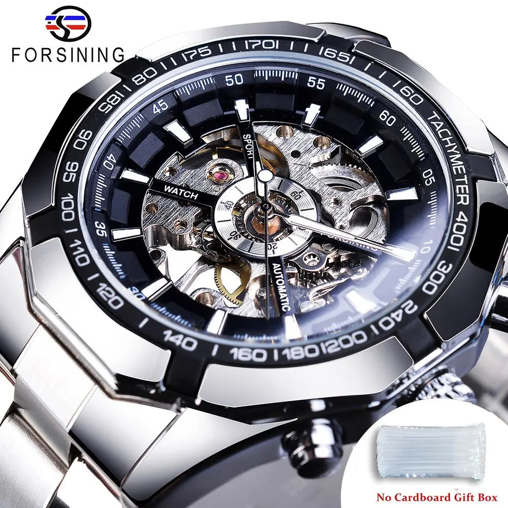 Stainless Steel Waterproof Men's Skeleton Watches -  Transparent Mechanical Sport Male Wrist Watches