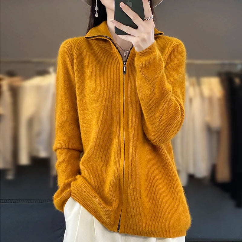 Elena 100 % Kaschmir-Cardigan mit Reißverschluss – locker sitzender Pullover im koreanischen Stil