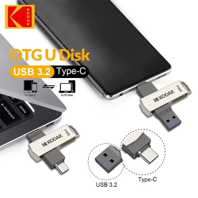 KODAK USB 3.2 Type-C -muistitikku | 32 Gt, 128 Gt, 256 Gt | Nopea kaksoismuistikortti älypuhelimelle ja kannettavalle tietokoneelle