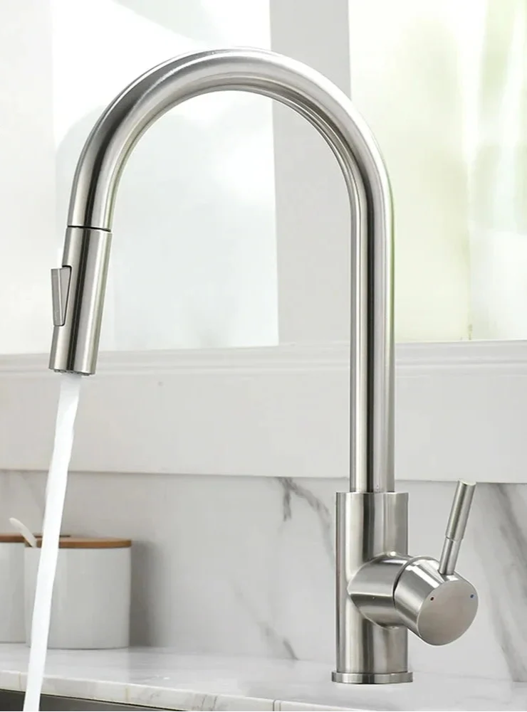 Caden Silver Kitchen Sink Faucet – Ausziehbarer Einhand-Waschtischhahn mit Keramikventil