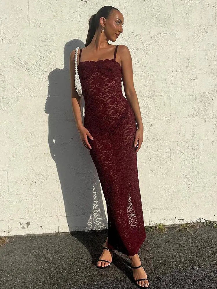 Elegantní krajková průhledná maxi šaty - sexy ramínka bodycon svatební párty šaty