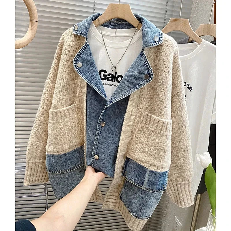 Zandys trendy splejsede denimjakke | Kvinders Hyggelig efterår & vinter Jean Cardigan