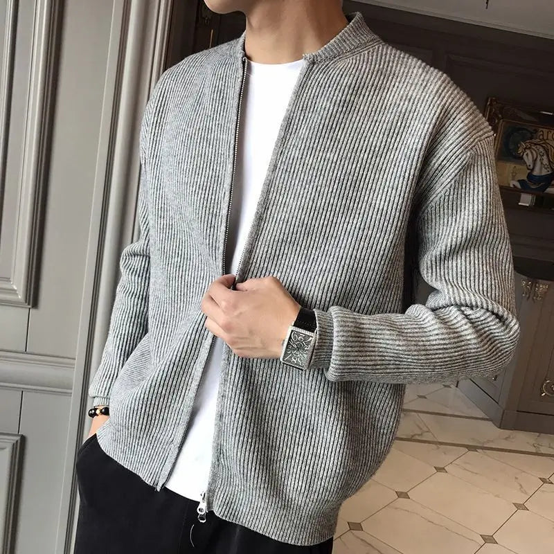 Kriss: cardigan/maglione da uomo con colletto rialzato, vestibilità slim, design a righe