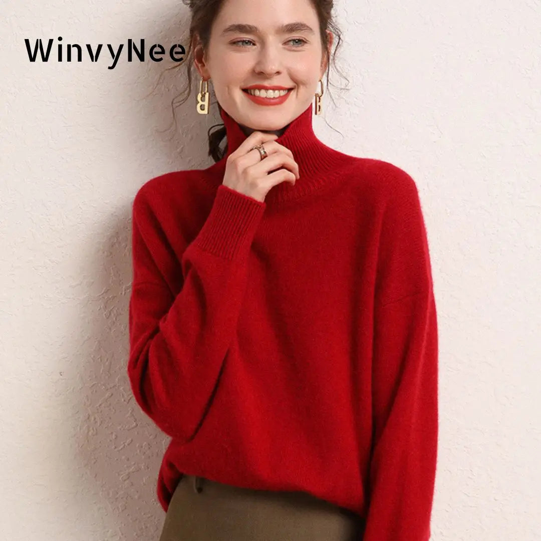 Women's 100% Wool Turtleneck Sweater - Loose Casual Jumper