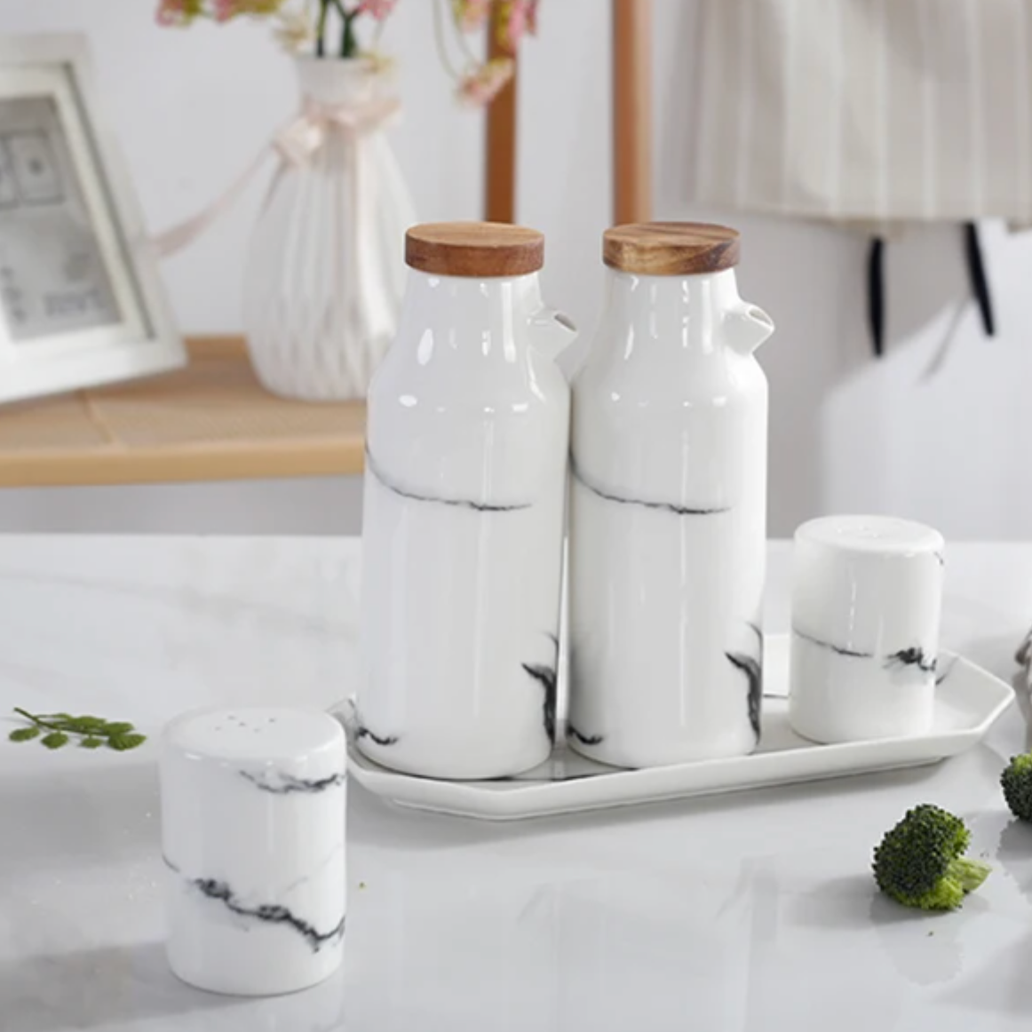 Ceramic Salt, Pepper, Oil & Vinegar 5-Piece Set