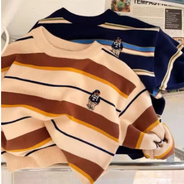 Adorable Bear Print Kids Sweater - Cozy Striped Pullover for Boys & Girls, Autumn & Winter