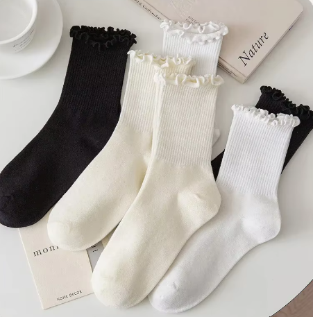 5 Pairs Women's Ruffle Socks – Breathable Black & White Set