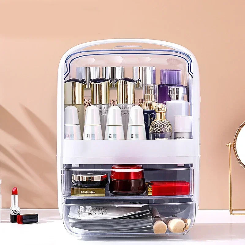 Sara’s Portable Dustproof Makeup Organizer - Elegant Desktop Storage Box for Home and Beauty Lovers