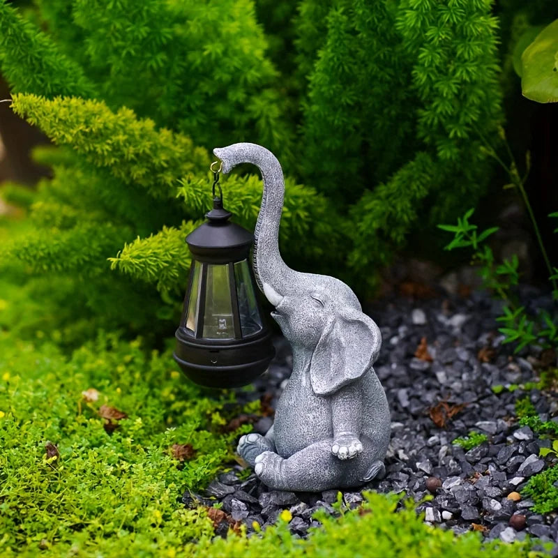 Elefante con ornamento per scultura da giardino con lanterna solare