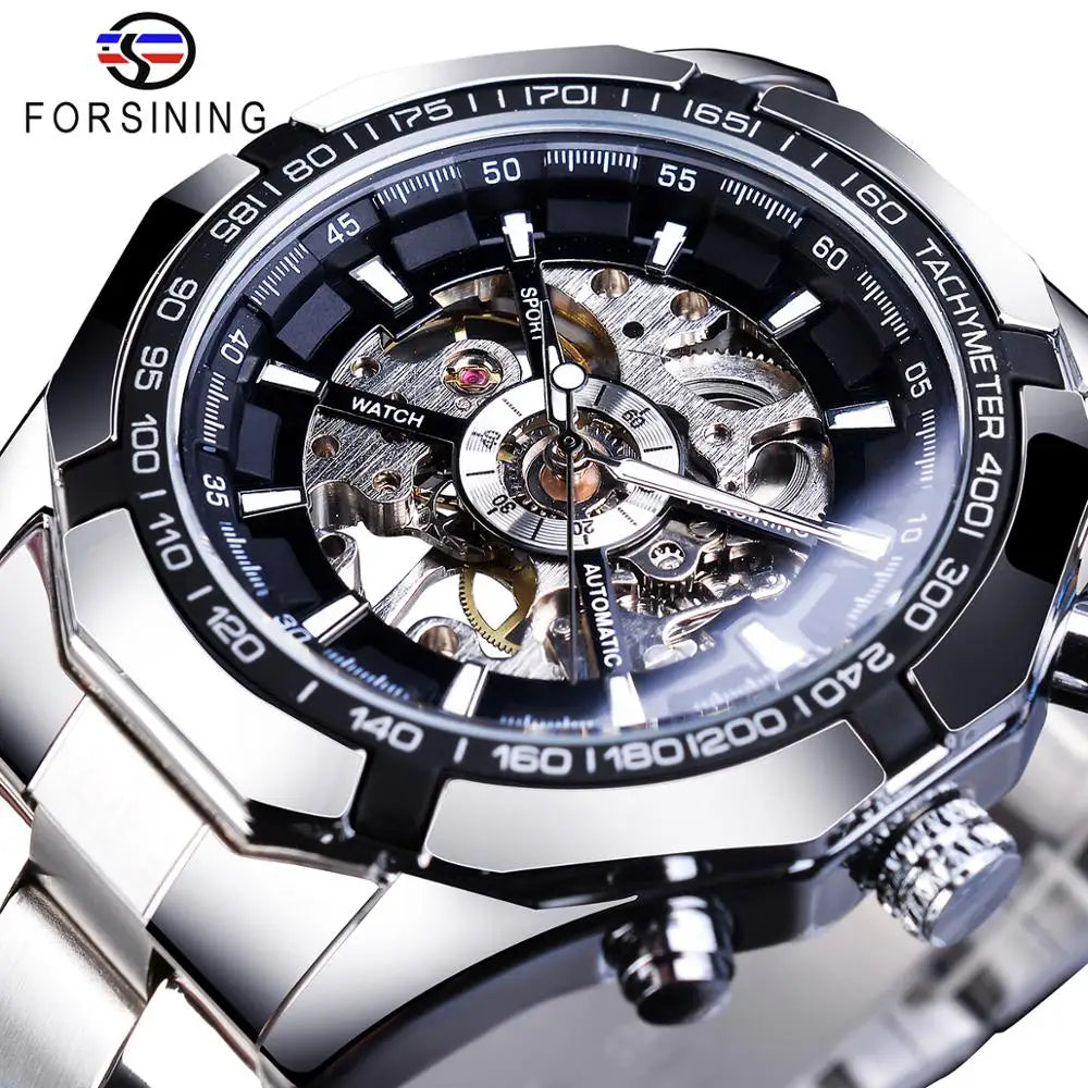 Stainless Steel Waterproof Men's Skeleton Watches -  Transparent Mechanical Sport Male Wrist Watches