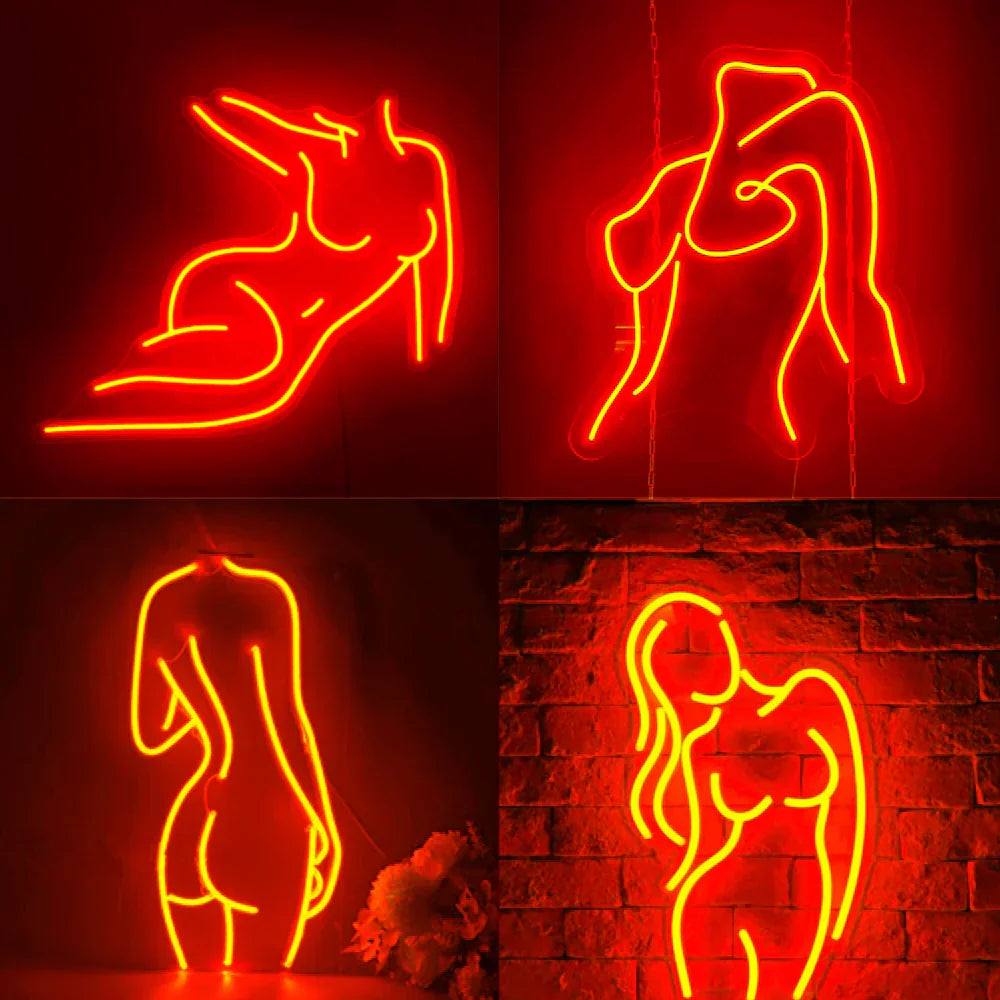 Segnali al neon con silhouette femminile