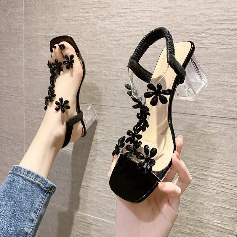 Clara Rhinestone Flower Block Heel Sandaler