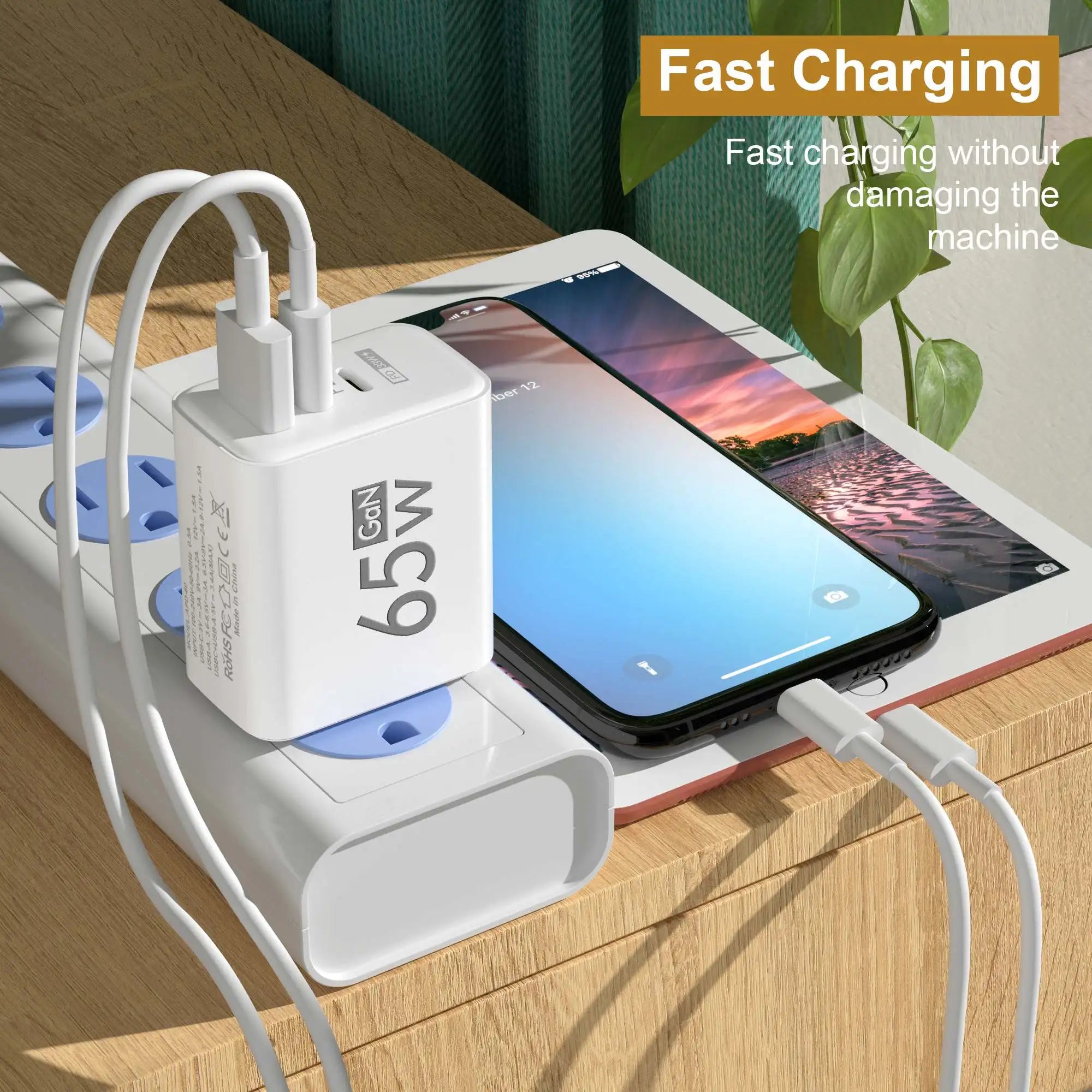 Caricatore USB C da 65 W GaN Adattatore da muro PD Quick Charge 3.0 a ricarica rapida per iPhone 15, Xiaomi, POCO, Samsung, OnePlus - Spina UE/USA