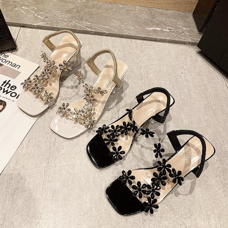 Clara Rhinestone Flower Block Heel Sandaler