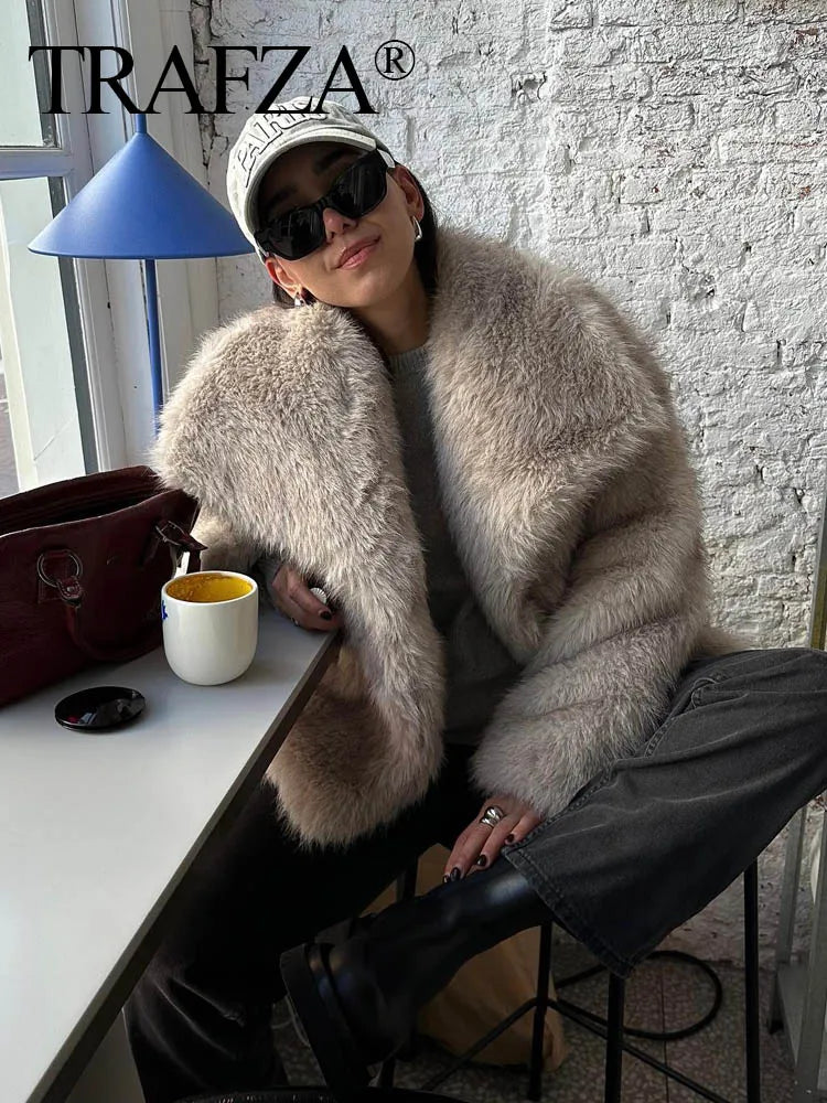 Cropped Faux Fur Jacket - Chic Lapel Collar Long Sleeve Jacket for Women