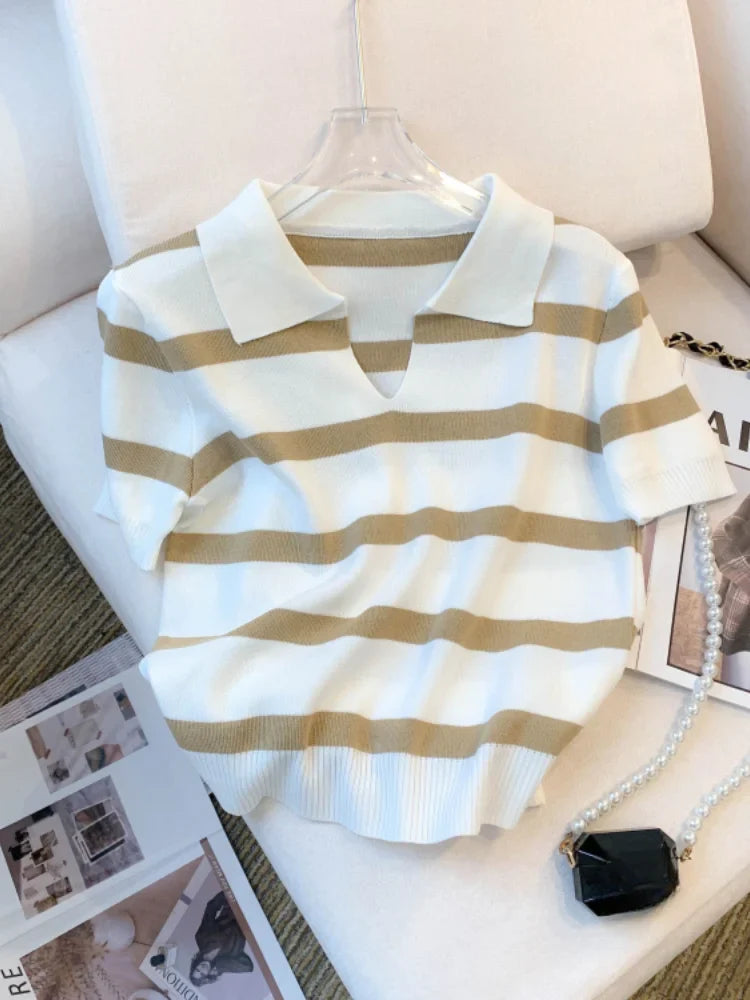 Sophie Striped Collared Crop Top – Trendy Knitted Short Sleeve Sweater for Spring & Summer