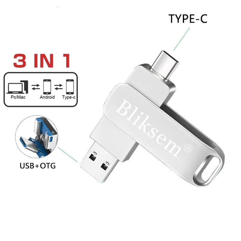 Bliksem Type-C Flash Disk 32GB/64GB | Vysokorychlostní USB 2.0 | 3-v-1 Metal Mini Pen Drive pro PC a mobil