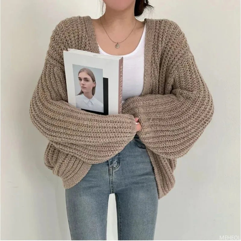 Cardigan de Malha em Cor Sólida de Outono - Sweater Feminino de Botão Único