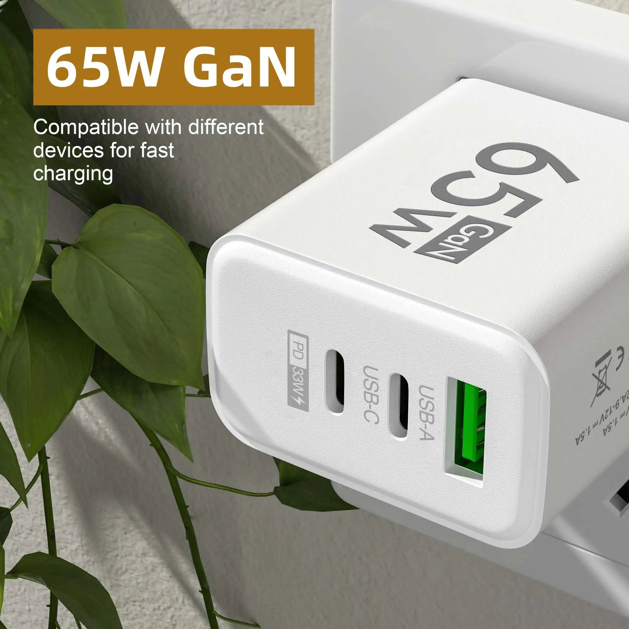 65W USB C-oplader GaN Hurtigopladning PD Quick Charge 3.0-vægadapter til iPhone 15, Xiaomi, POCO, Samsung, OnePlus – EU/US-stik