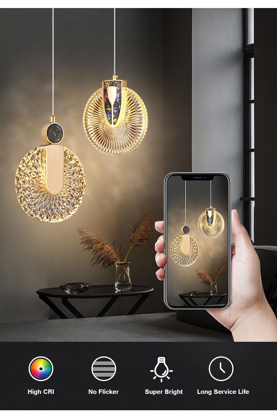 DUN Luxury Gold Led Pendant Light Round Crystal Hanging Lamp