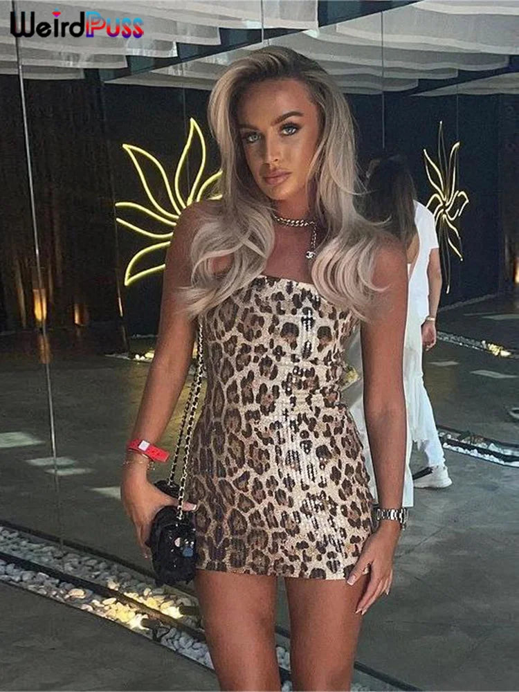 Sara leopardí potisk flitrové bodycon šaty – sexy letní párty klubové oblečení