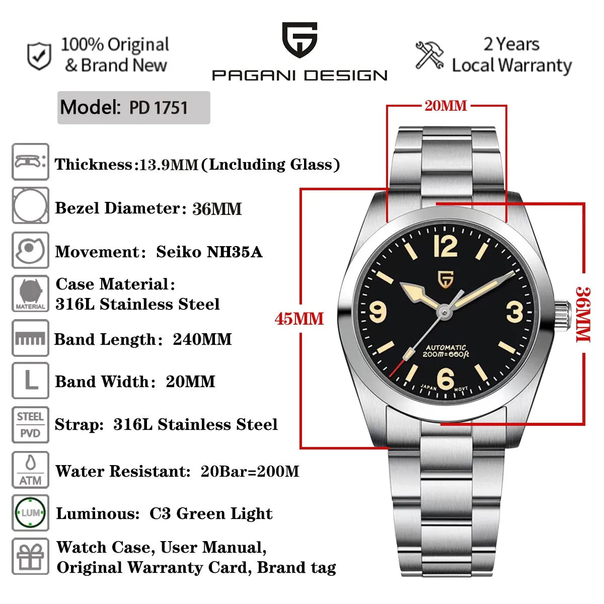 PAGANI DESIGN 2024 New 36MM Men Automatic Mechanical Watches NH35 Sapphire Stainless Steel AR Coating 20Bar