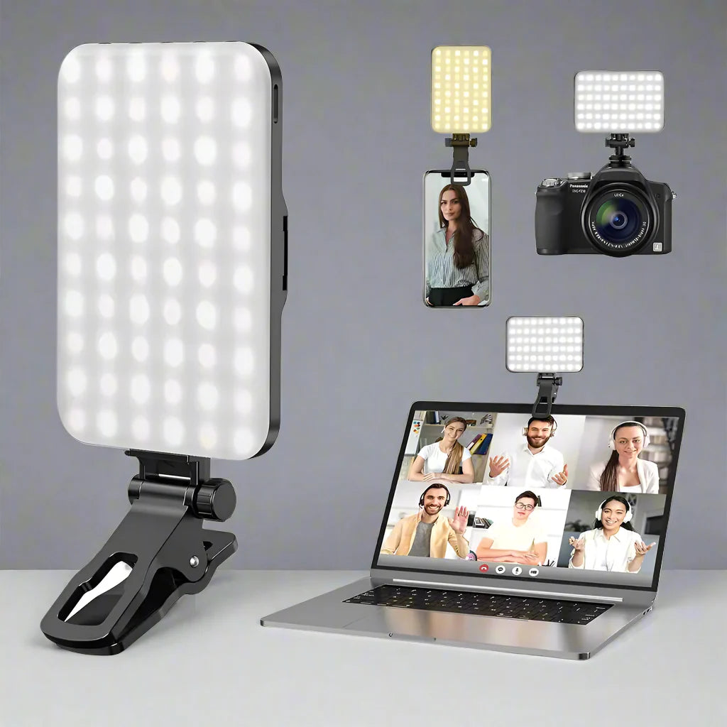 NovaGlow Selfie Light – Clip-on ricaricabile da 60 LED con 7 modalità e 10 livelli di luminosità