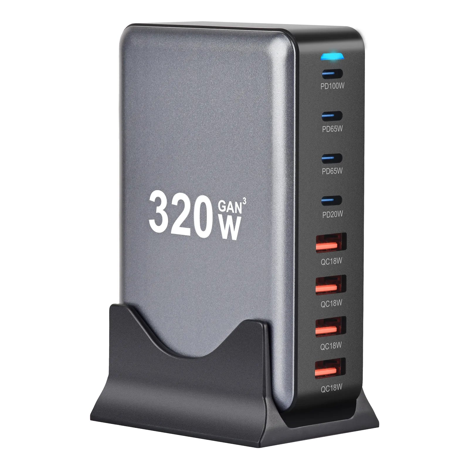 320 W GaN USB-C hurtigoplader – 8-ports desktop PD & Quick Charge 3.0 til iPhone 15/14, Samsung og mere