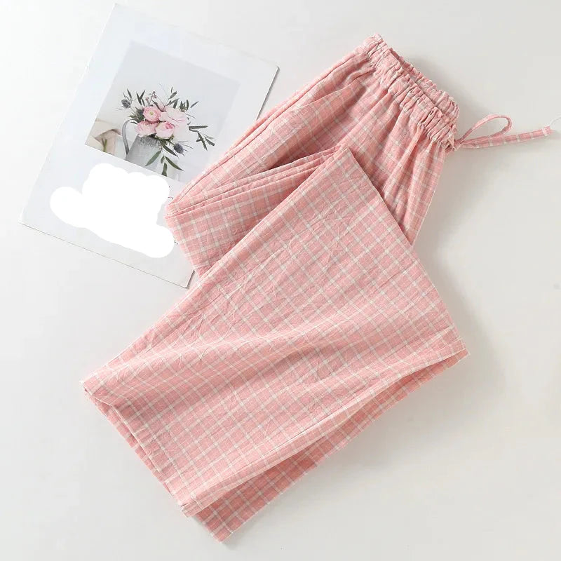 Pantalones de pijama de algodón a cuadros japoneses para mujeres | Pantalones casuales suaves para estar en casa