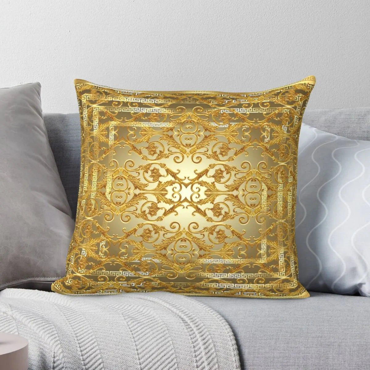 Greek Keys Golden Baroque Style Square Cushion Cover