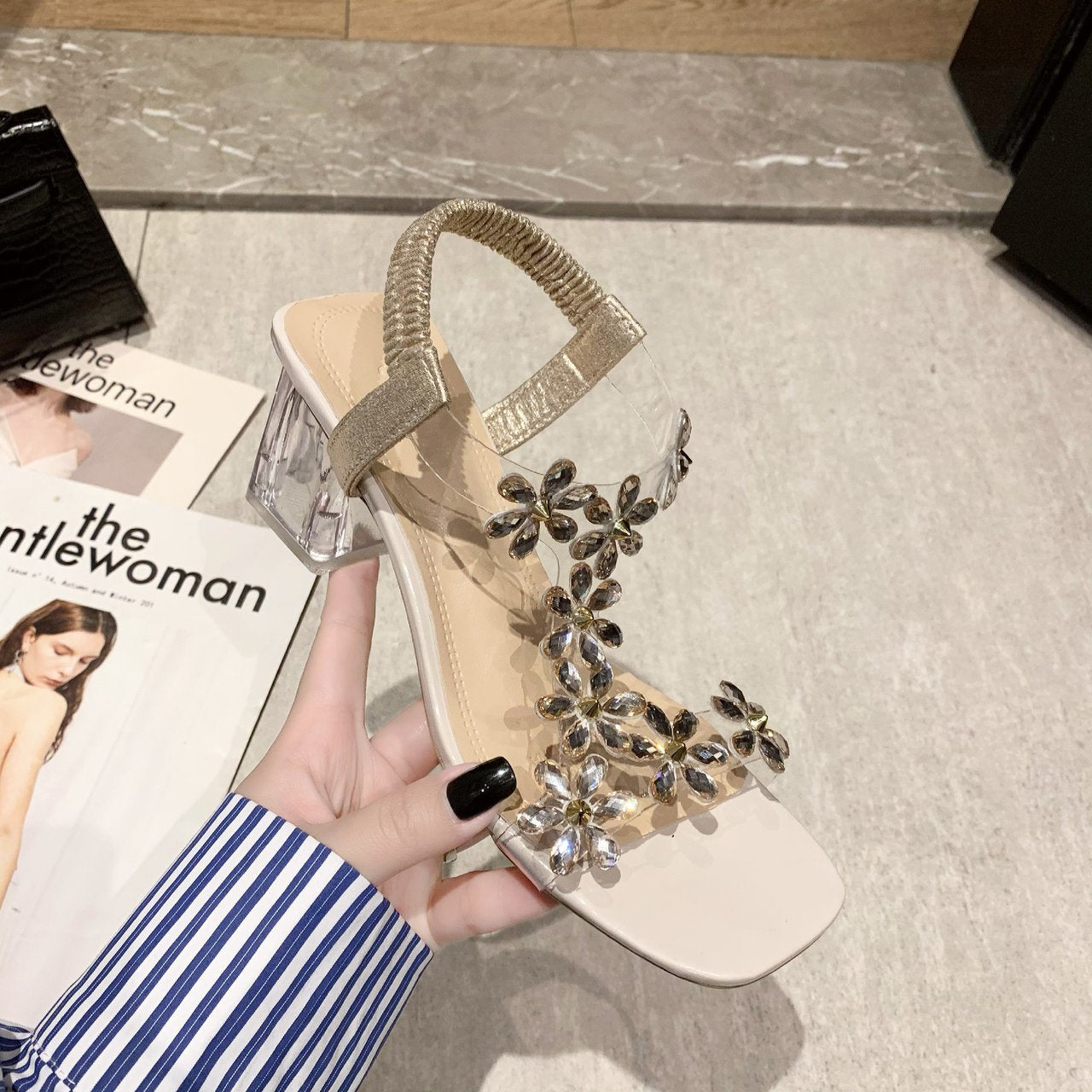 Clara Rhinestone Flower Block Heel Sandaler