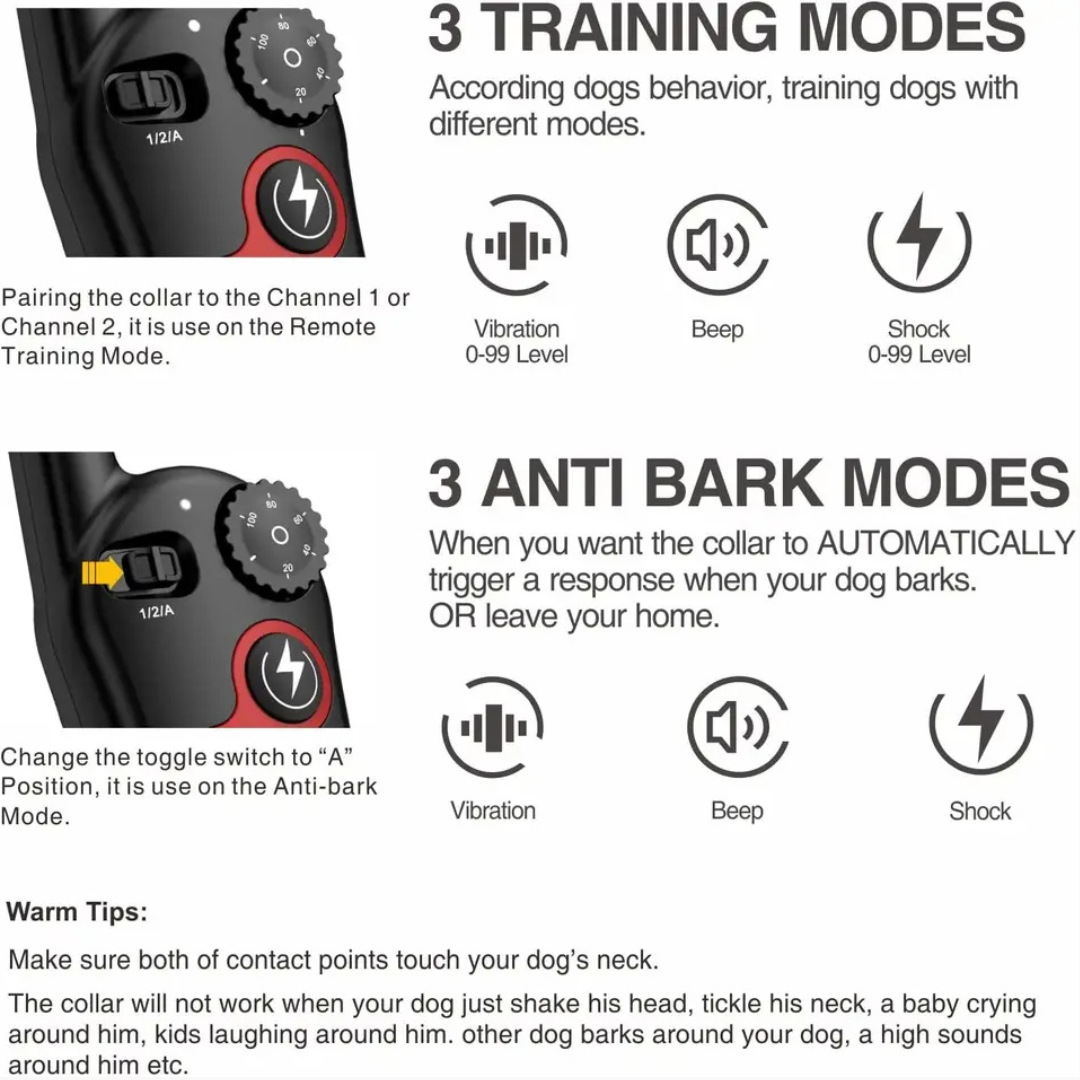 Smart hundträningshalsband med fjärrkontroll - Automatisk anti-bark, 3 träningslägen, vattentät