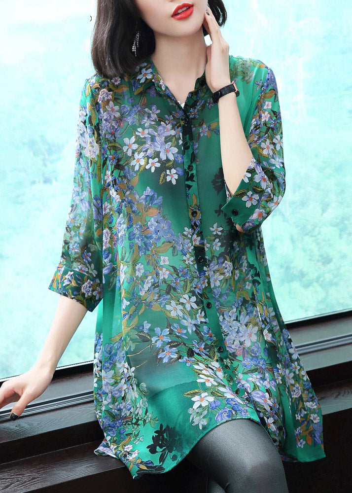 Stylish Peter Pan Collar Button Print Chiffon Shirt Tops Summer