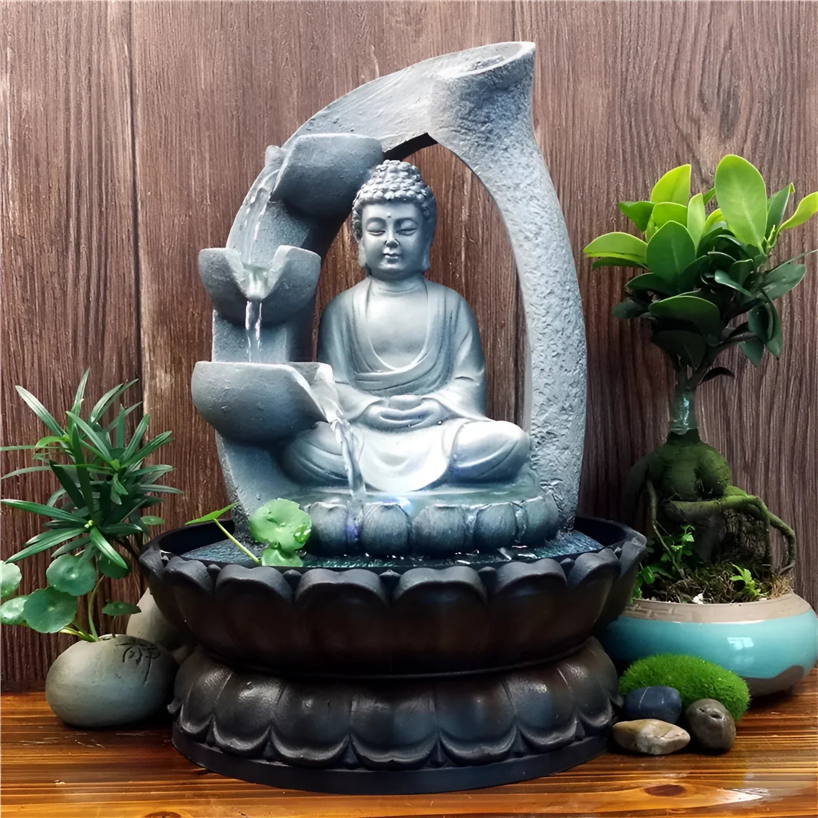 Buddha LED fontána: Zen meditace a Feng Shui dekorace