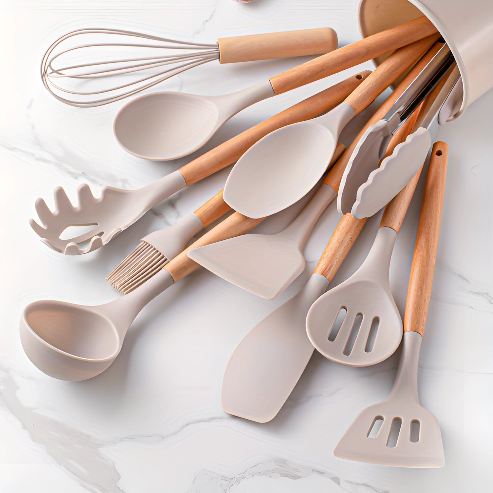 Set di Utensili da Cucina in Silicone Eco-Friendly con Manici in Bambù