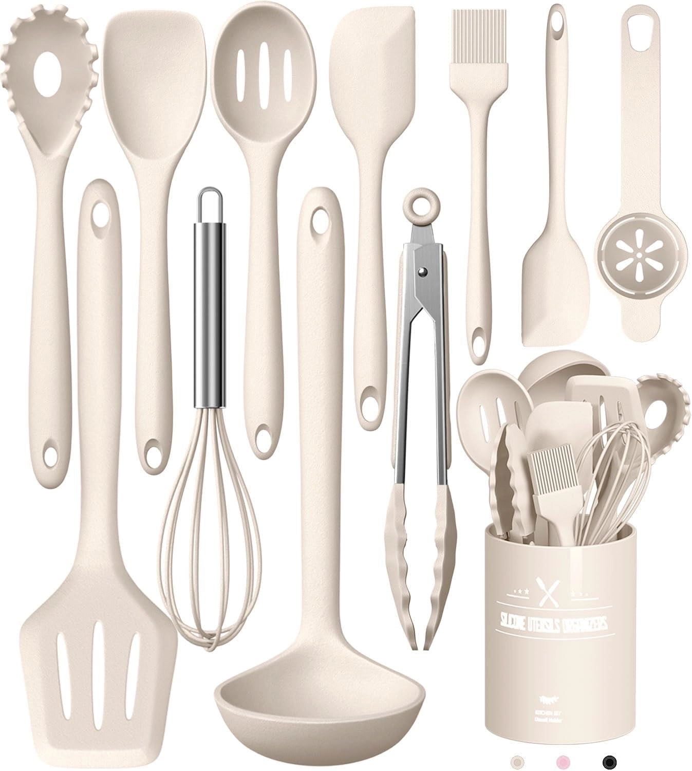 Conjunto de Utensílios de Cozinha em Silicone Marfim - Antiaderente, Resistente ao Calor, Ergonómico