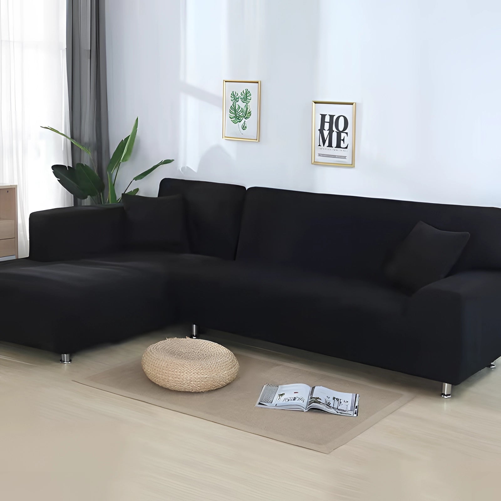 Luxus Schwarzes Ecksofa - Modernes L-förmiges Couchcover mit Chrombeinen