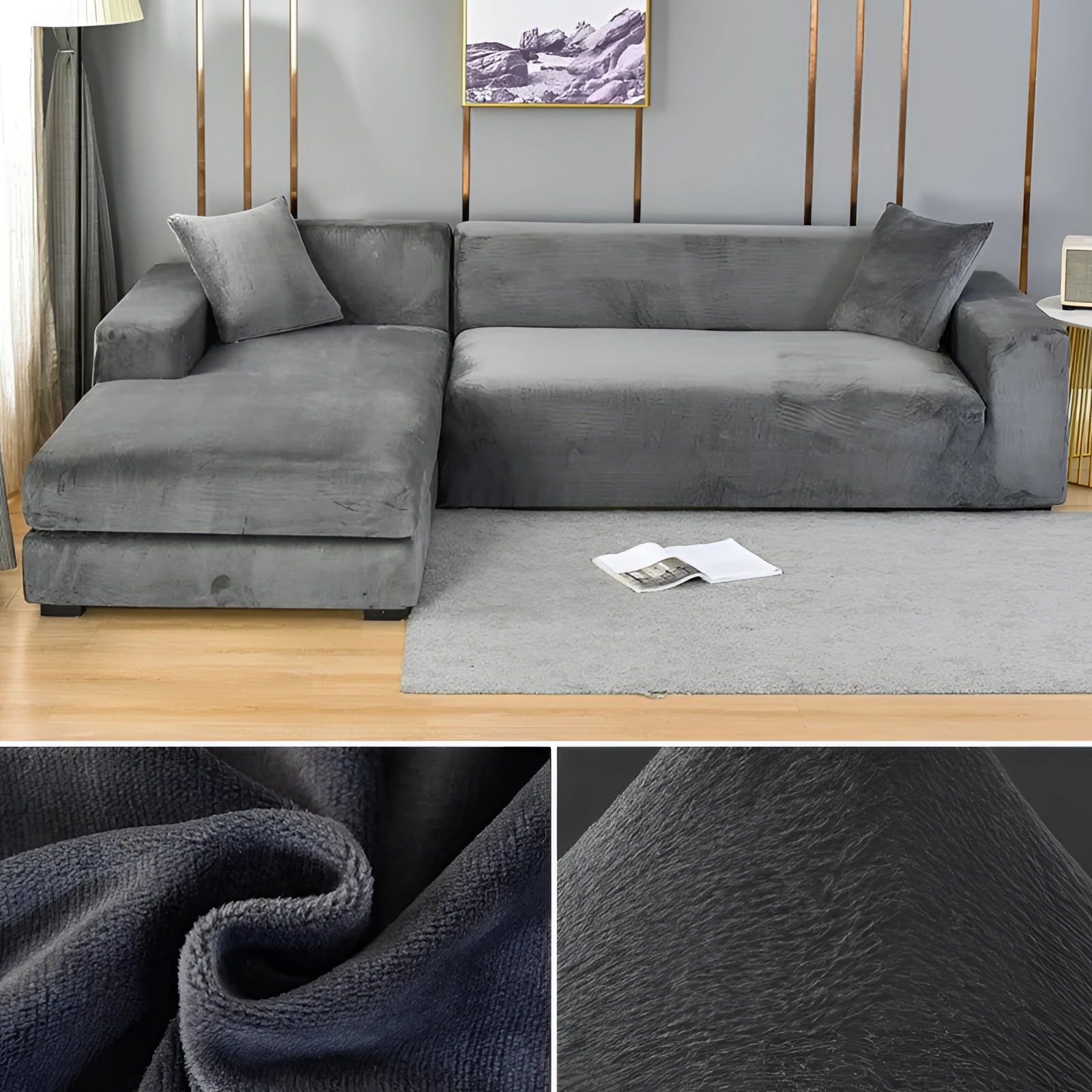 Moderne Velour Sektion Sofa - Grå Chaiselong, Luksus Møbler