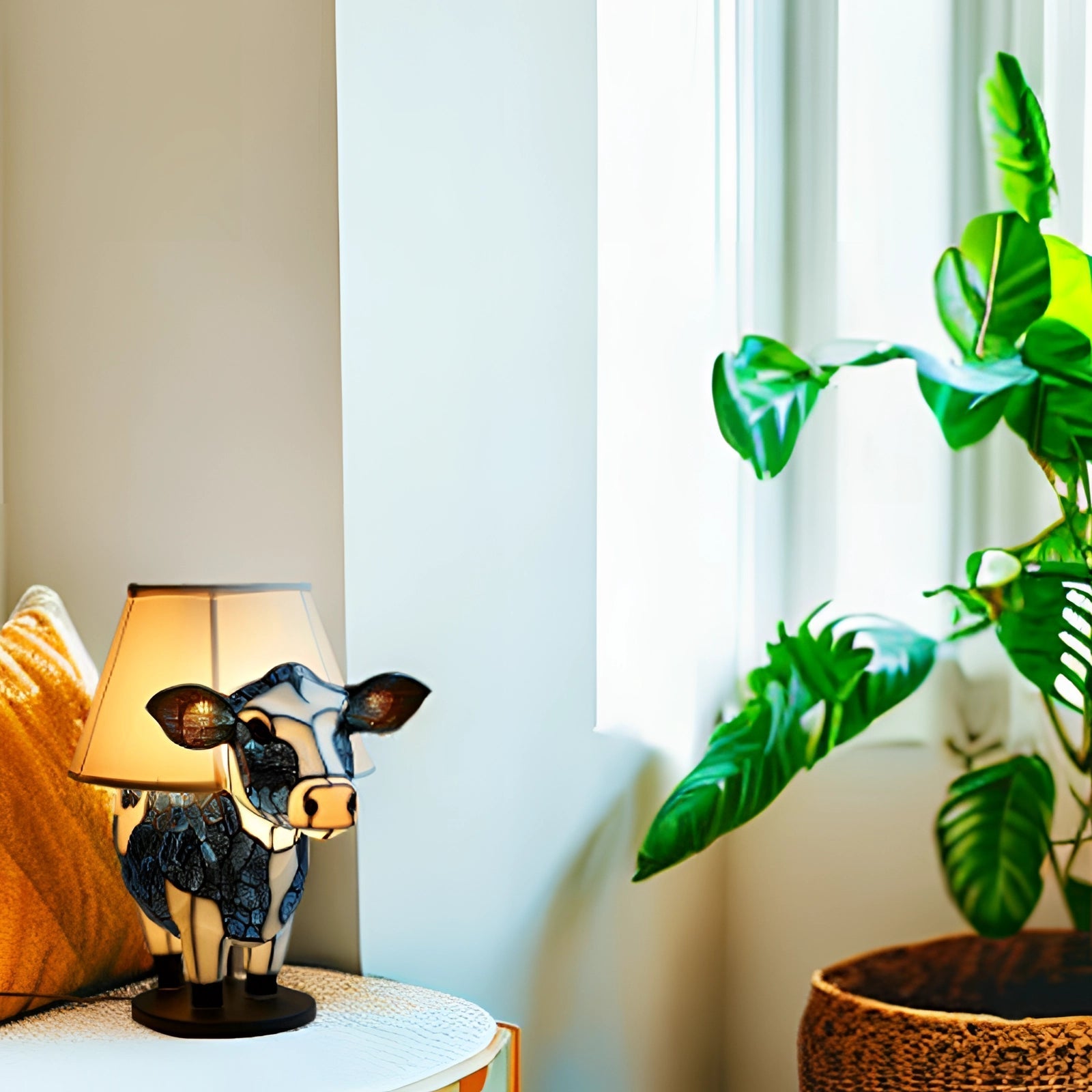 Tiffany-Style Cow Table Lamp - Animal-Themed Whimsical Lighting