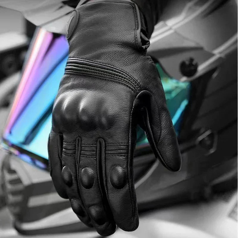 Guantes de moto de cuero con pantalla táctil a prueba de agua