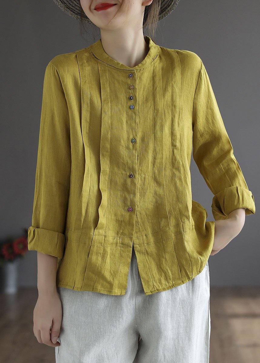 Women Yellow Elegant Button Fall Top Long Sleeve Linen