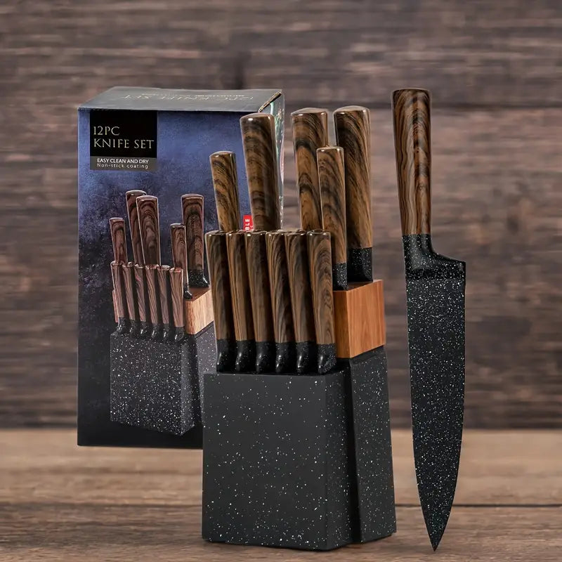 12-Piece German Steel Kitchen Knife Set with Japanese Wooden Handle & Block