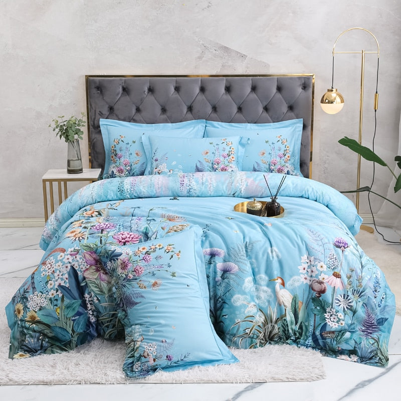 Botanical Sky Blue Duvet Cover Set (Egyptian Cotton, 500 TC)