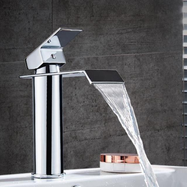 Rubinetto per bagno di lusso a cascata in ottone dorato e bianco - Rubinetto per lavabo con maniglia singola montato su piattaforma contemporanea