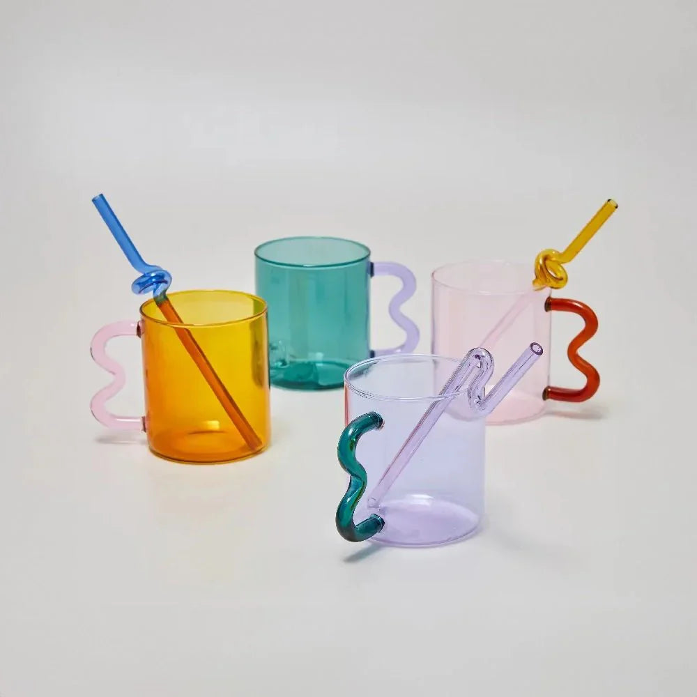 Colourful Glass Coffee Mug With Squiggle Handle